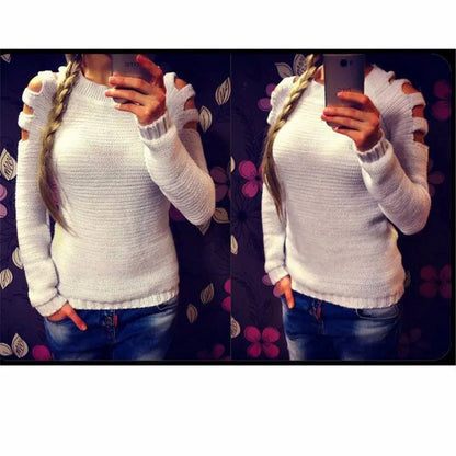Women's solid colour knitted shirt with hollow-out crochet detailing, long sleeves, and round neck in white or grey