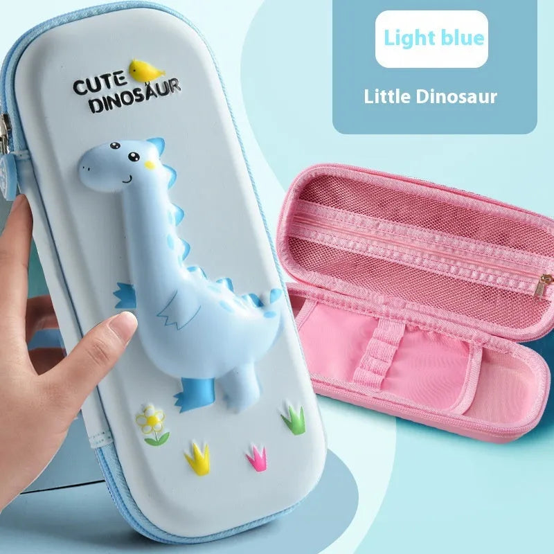 Leather 3D pencil case showing design themes: dinosaur, astronaut, mermaid, unicorn, and spaceship.