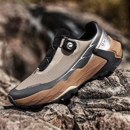 Outdoor mountaineering sneakers in black, camel, and silver with waterproof and breathable features