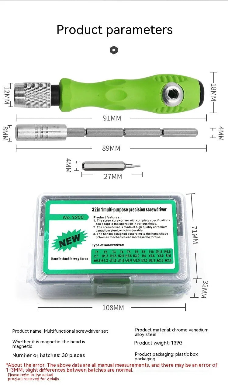 32-in-1 precision screwdriver set for mobile phone and electronics repair with multiple bits