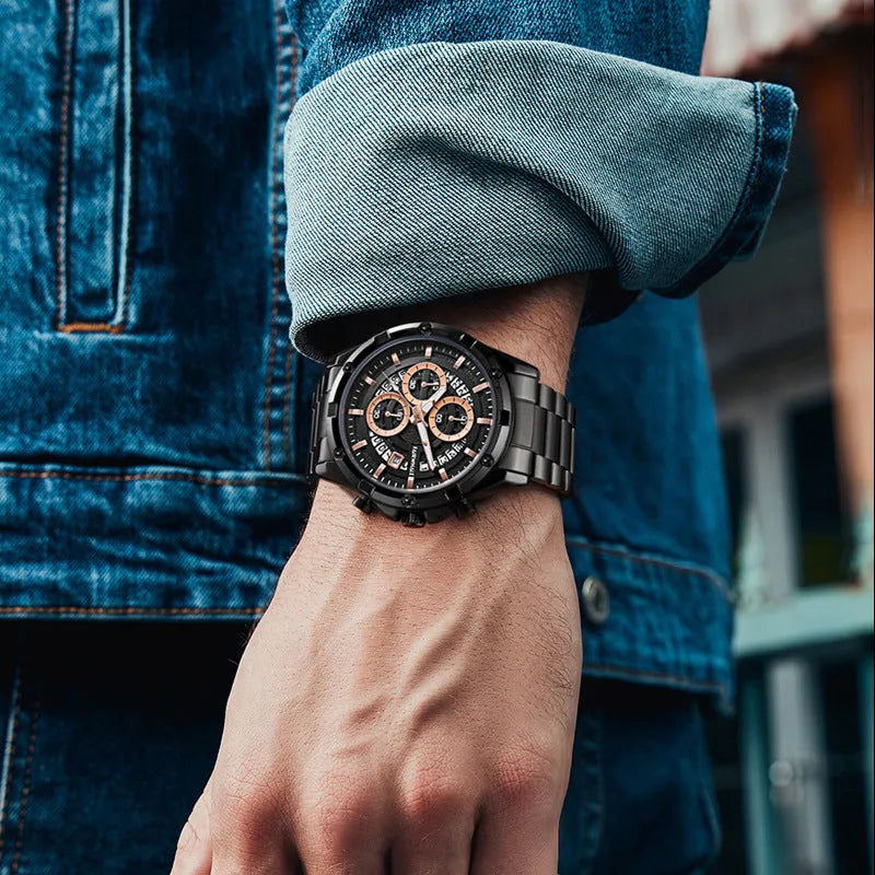 Men's waterproof luminous casual quartz watch with a steel belt, shown in black/blue, black/gold, and silver/white colour options.