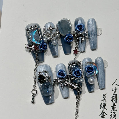 Heavy industry night blue plastic nail armour suit with ornate rose and tulip pattern, shown in size L.