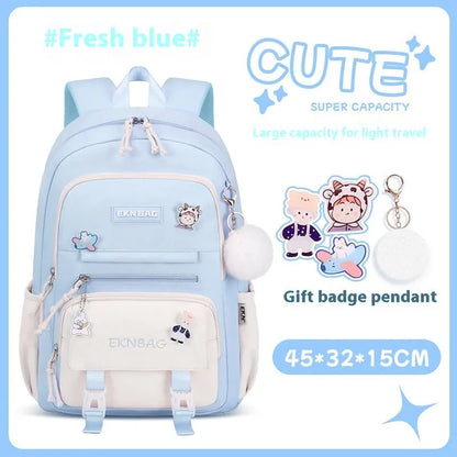 Pink waterproof Oxford cloth school backpack for girls with curved shoulder straps, shown with matching pencil case.