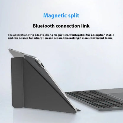 Gray wireless Bluetooth folding keyboard shown both folded to 15cm and extended to 30cm width