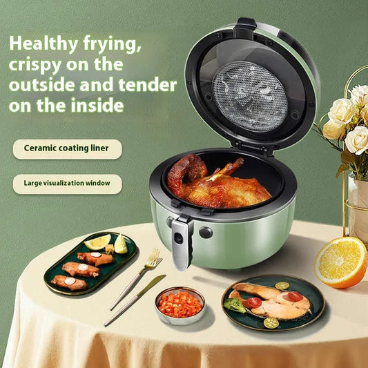 Air fryer oven with visible window, 8-litre capacity, nano-ceramic coating liner, and mechanical buttons on display