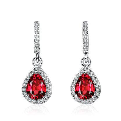 Elegant drop-shaped earrings featuring shimmering zircon stones in a variety of colors, including white, yellow, blue, and red diamond.