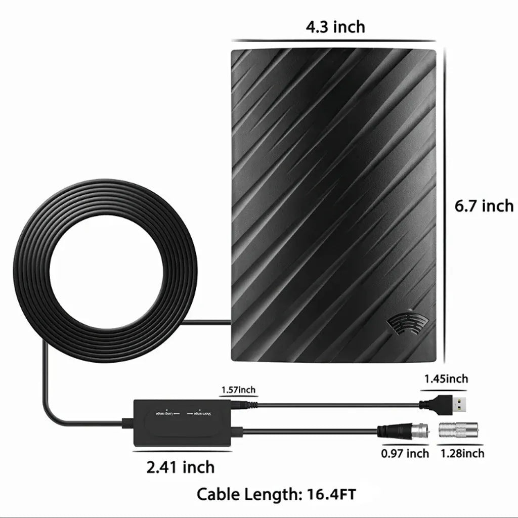 Black plastic digital television antenna measuring 18x16x7cm with expansion tubes and mounting accessories