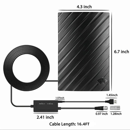 Black plastic digital television antenna measuring 18x16x7cm with expansion tubes and mounting accessories