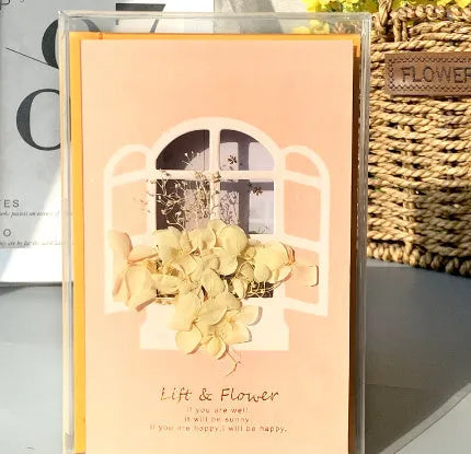 Handmade 3D pop-up greeting card with butterfly shape showing artificial flowers and hot stamping details