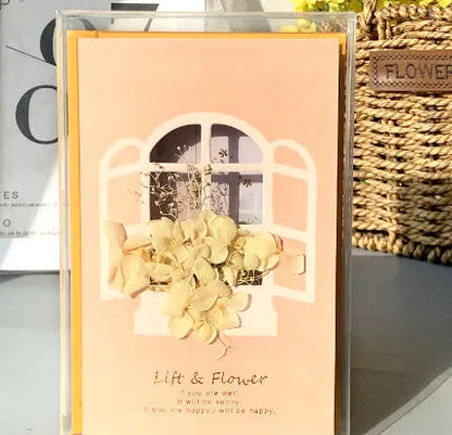 Handmade 3D pop-up greeting card with butterfly shape showing artificial flowers and hot stamping details