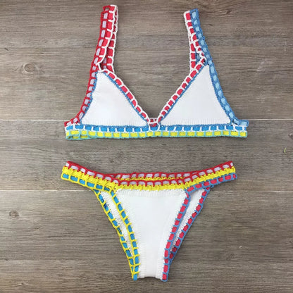 Hand crochet colorful bikini set with spell color rubber accents, available in multiple sizes and colors.