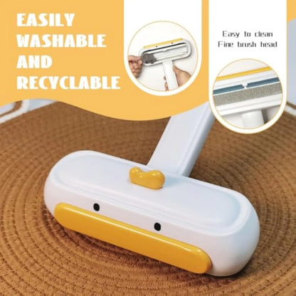 Portable pet hair remover with yellow duck design, showing polyester bristles and compact 15 cm size for removing fur