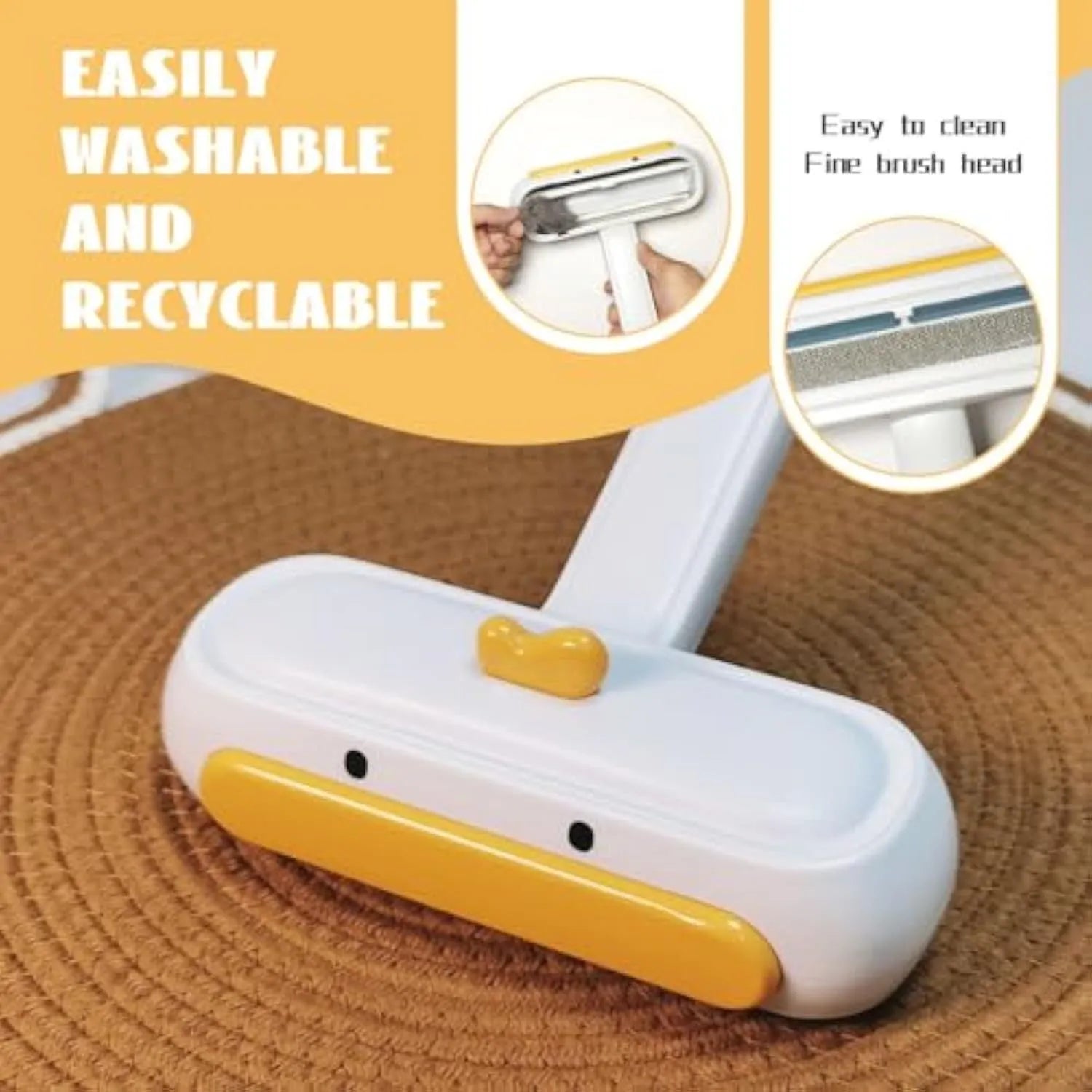 Portable pet hair remover with yellow duck design, 12cm long and 5cm wide, for removing fur from surfaces