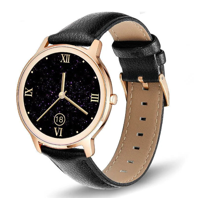 Women's smart watch with stainless steel wristband and 1.3 inch touch screen showing display interface