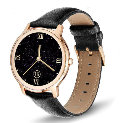 Women's smart watch with stainless steel wristband and 1.3 inch touch screen showing display interface