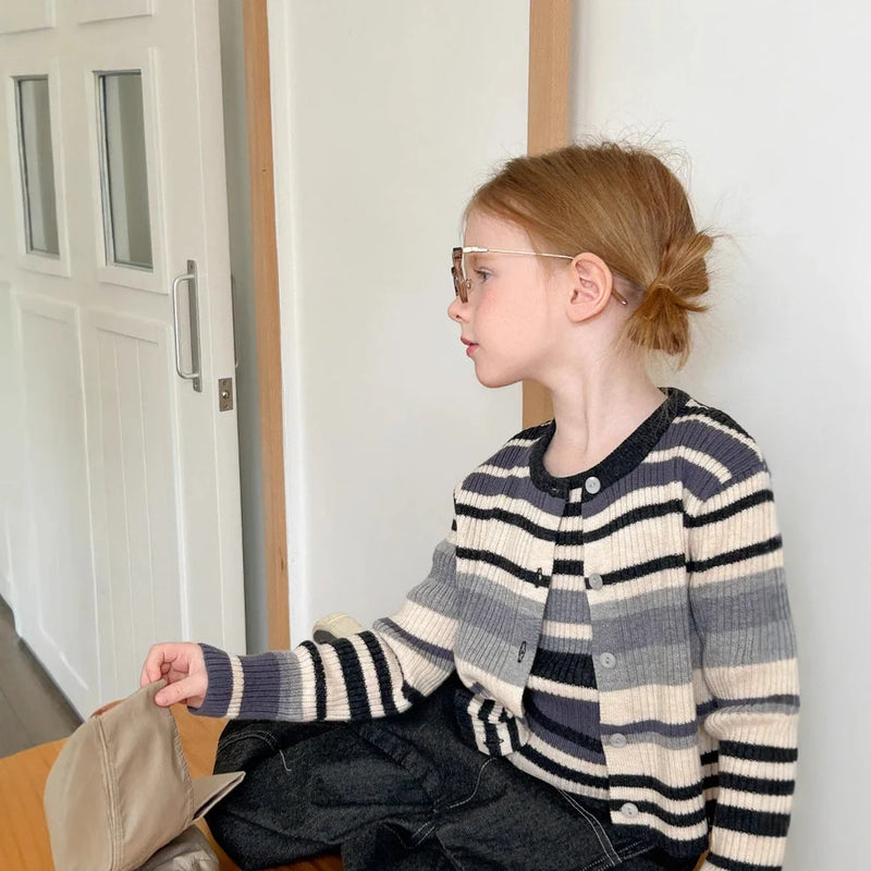 Striped knitted vest cardigan two-piece set with long sleeves in grey acrylic fabric, available in seven sizes from 90cm to 150cm for spring and autumn wear