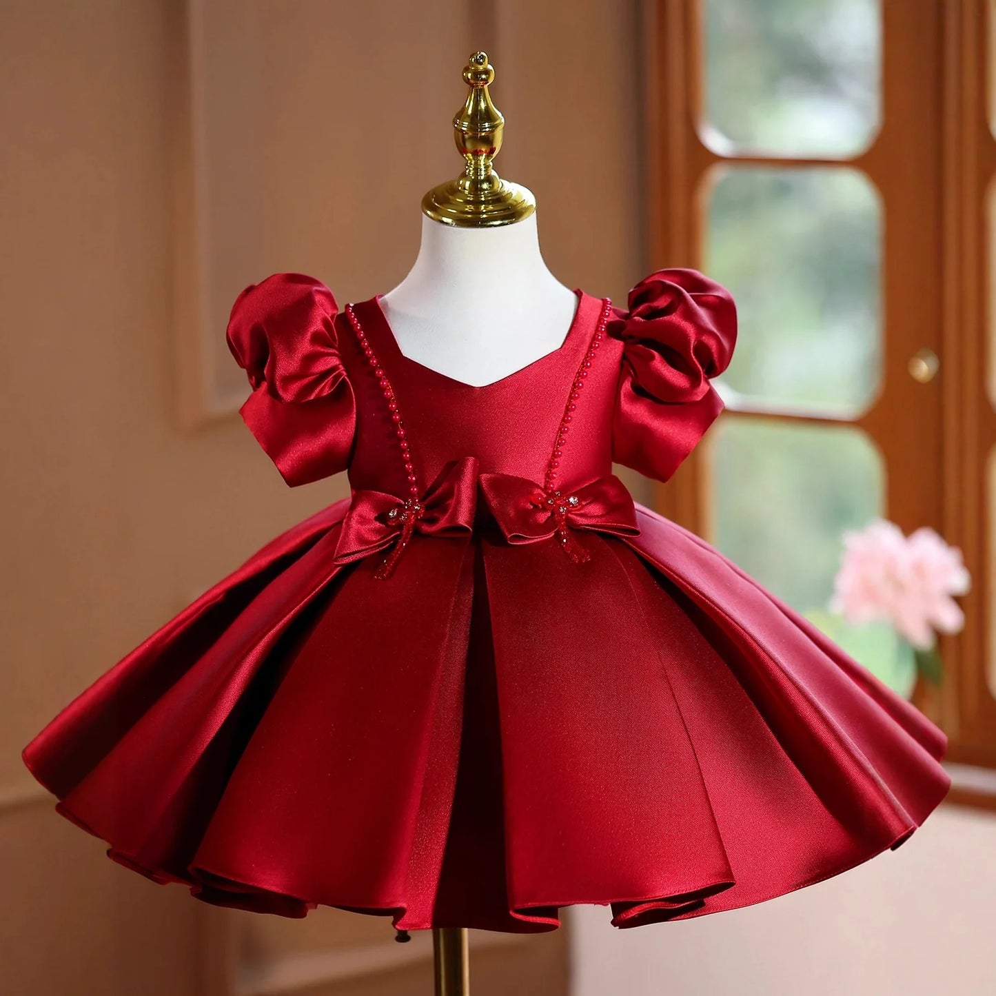 Wine red polyester girls' evening dress with princess design elements for birthday parties