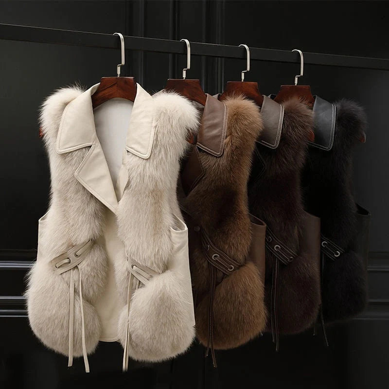 Women's short artificial fur vest in patchwork design, available in milk tea and camel colors