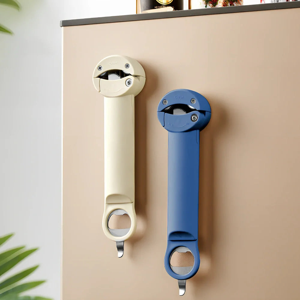 Stainless steel manual can opener with grey gear mechanism and ergonomic handles