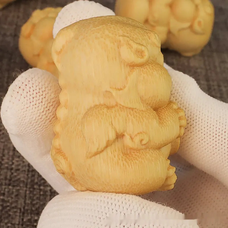 Solid bamboo carving ornament showing detailed surface patterns, measuring 4.5cm tall with 3.5cm diameter circular base