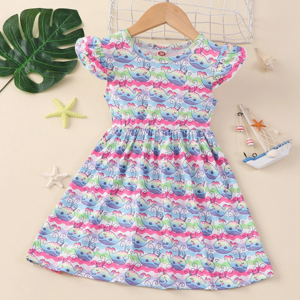 Girl's flounced sleeve dress with A-line skirt in polyester, available in multiple colours for ages 1-6 years