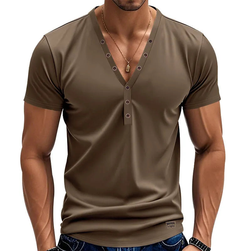 Men's loose V-neck pullover top with button detail in a solid colour.
