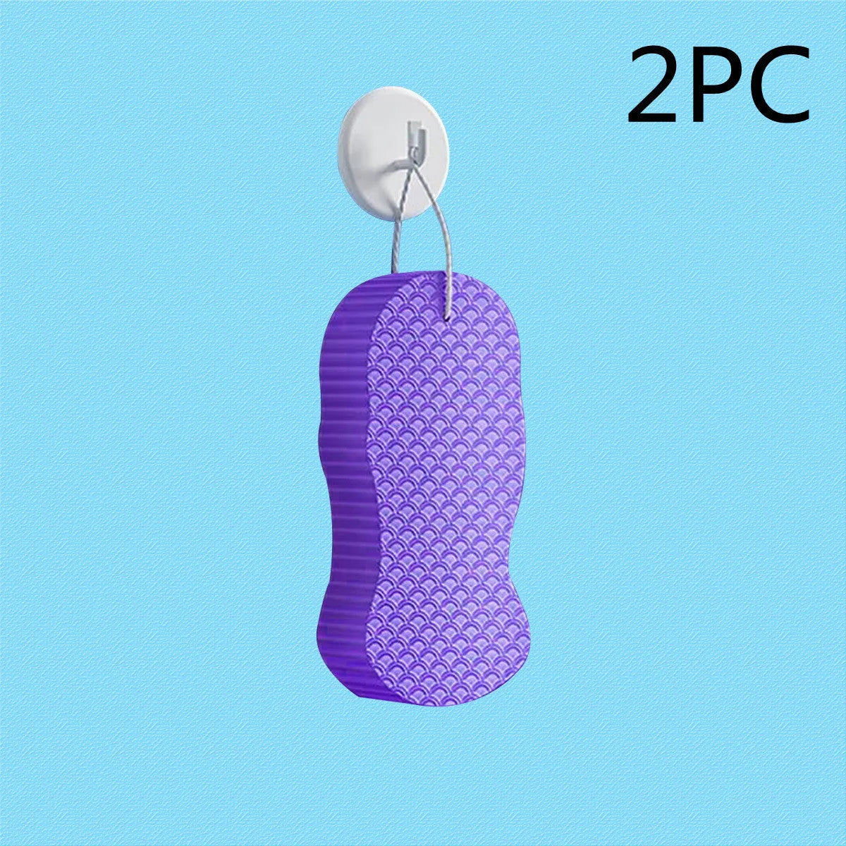 White 3D bath ball sponge with a fish scale exfoliating texture on a blue background.