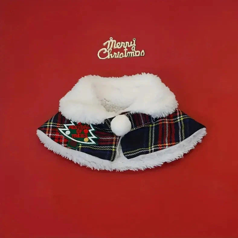 Pet wearing Christmas scarf with snowflake pattern, showing adjustable fit and holiday design details