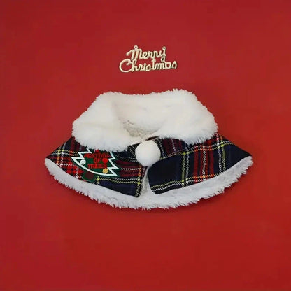 Pet wearing Christmas scarf with snowflake pattern, showing adjustable fit and holiday design details