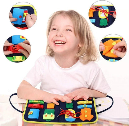 Children's busy board with dressing and buttoning features for early learning