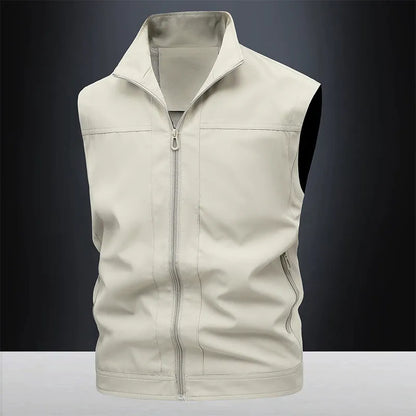 Men's loose fit casual work shirt with a stand-up collar in an army green colour.