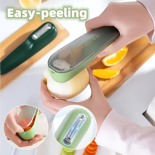 Dark green and light green kitchen peeler with storage tube and stainless steel blade