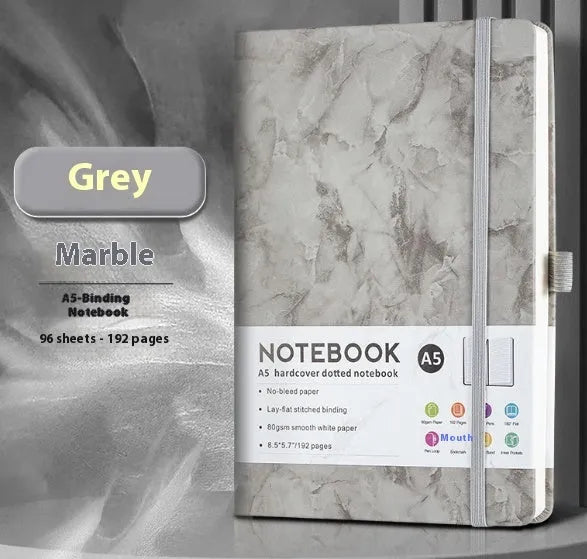 A5 skin feeling PU leather diary with strap closure and horizontal line pages in marble black colour