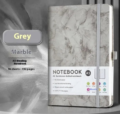 A5 skin feeling PU leather diary with strap closure and horizontal line pages in marble black colour