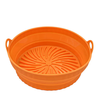 Square and round silicone air fryer liners with non-slip base in five colours including grey and pink