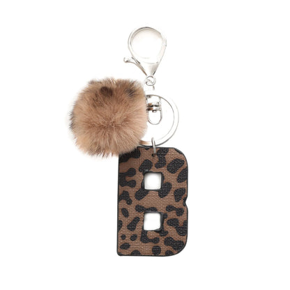 Leopard-print artificial leather keychain with oil-edged acrylic letter and included key ring, retro style
