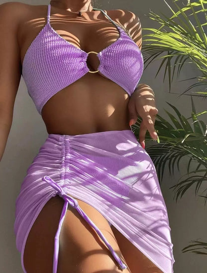 Women's solid color halter three-piece swimwear set with chest pad