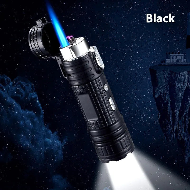 TH727 metal waterproof flashlight lighter in camouflage colour showing plasma arc and torch beam