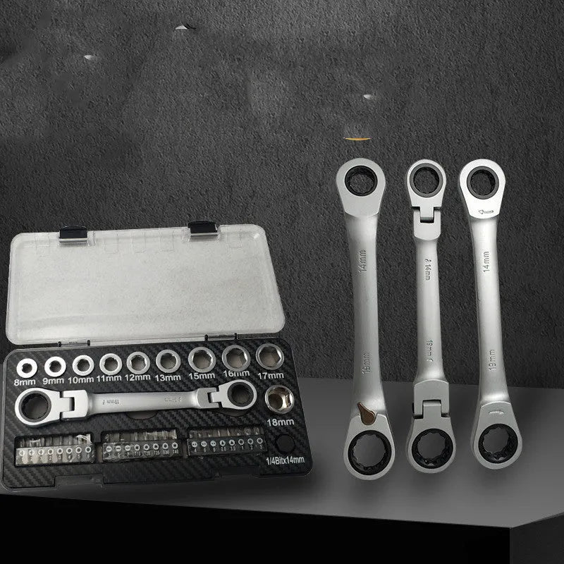 Double-ended ratchet wrench set with sockets and screwdriver bits laid out