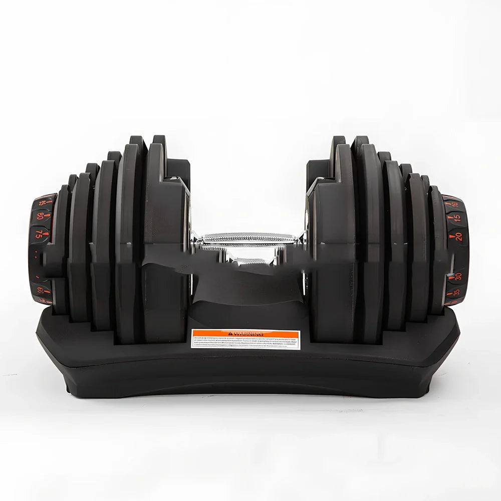 Black automatic adjustable dumbbell with dial weight selector showing 5-25kg range