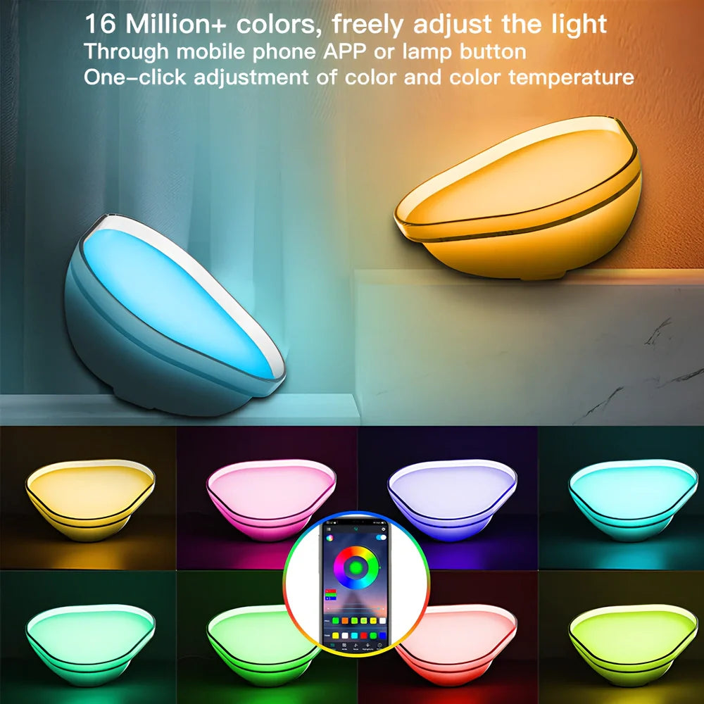 Smart desk lamp with 16 colour options, 155mm height, WiFi and Bluetooth control for bedroom lighting