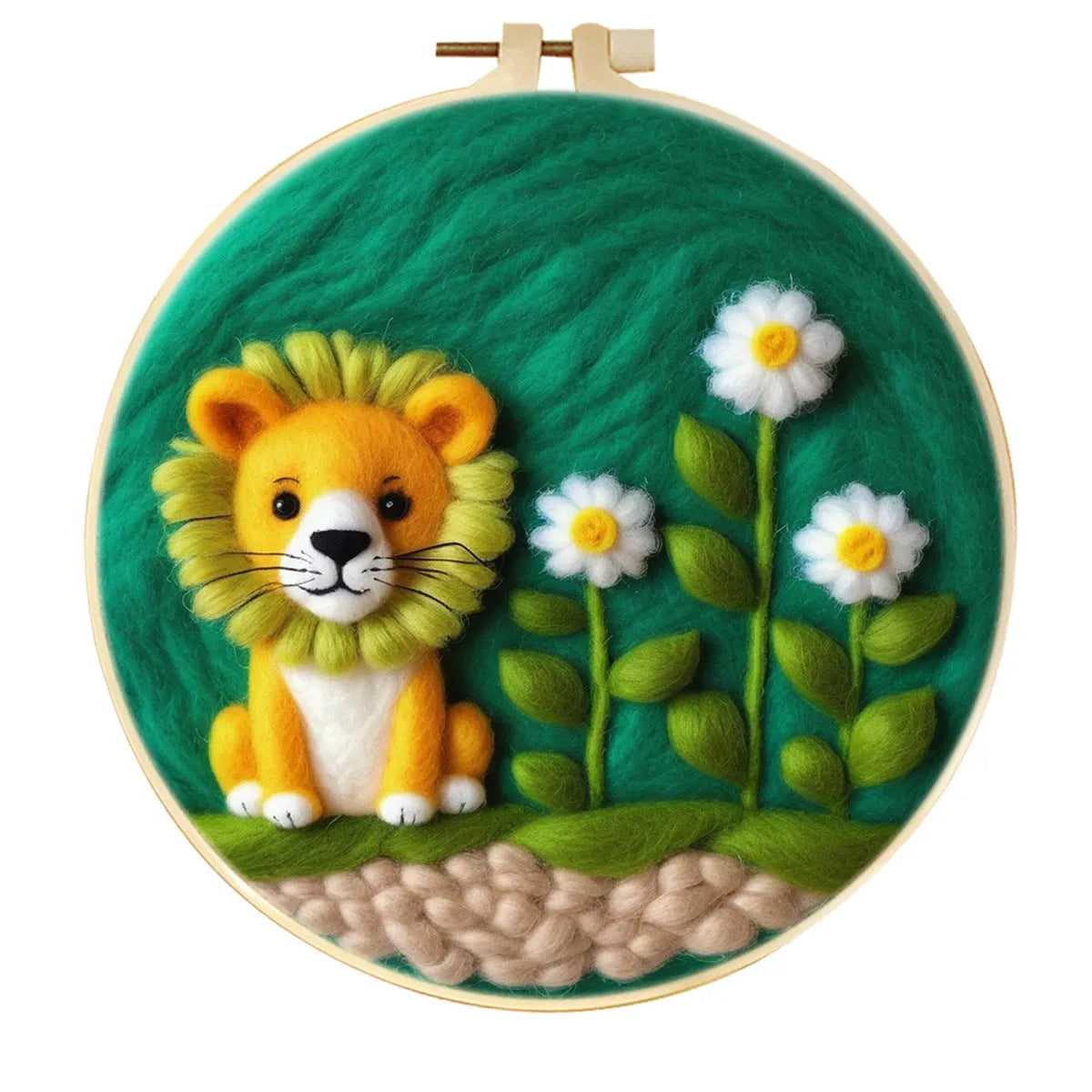Round fabric embroidery kit with 20x20cm linen frame and wool felt for three-dimensional floral artwork