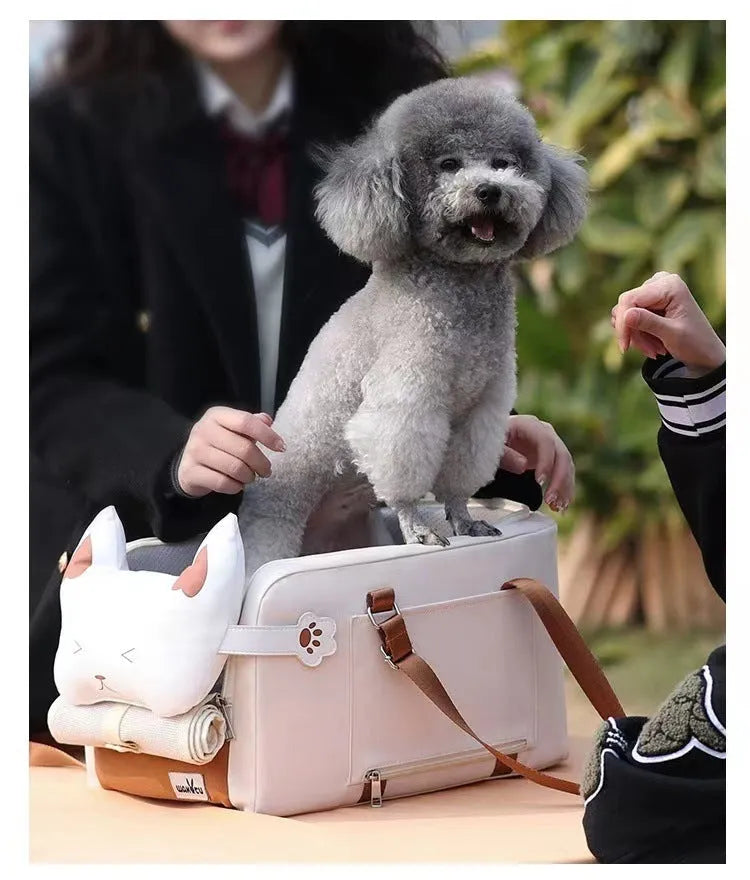 Beige hard-sided pet carrier with one-shoulder strap for cats and pets under 15kg