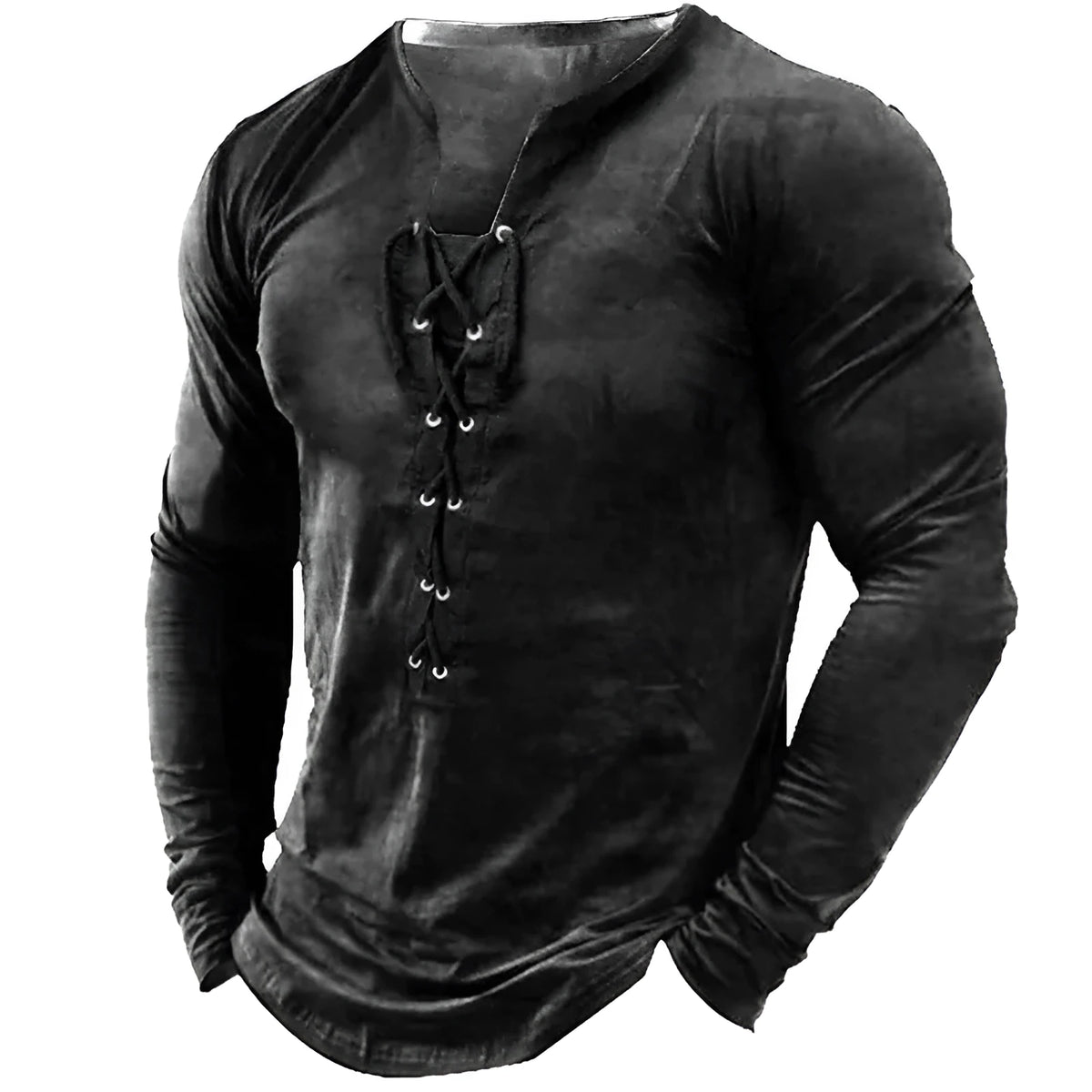 Men's long sleeved printed sports top with U-neck, polyester fibre fabric, sizes S to 4XL