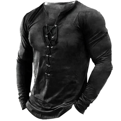 Men's long sleeved printed sports top with U-neck, polyester fibre fabric, sizes S to 4XL