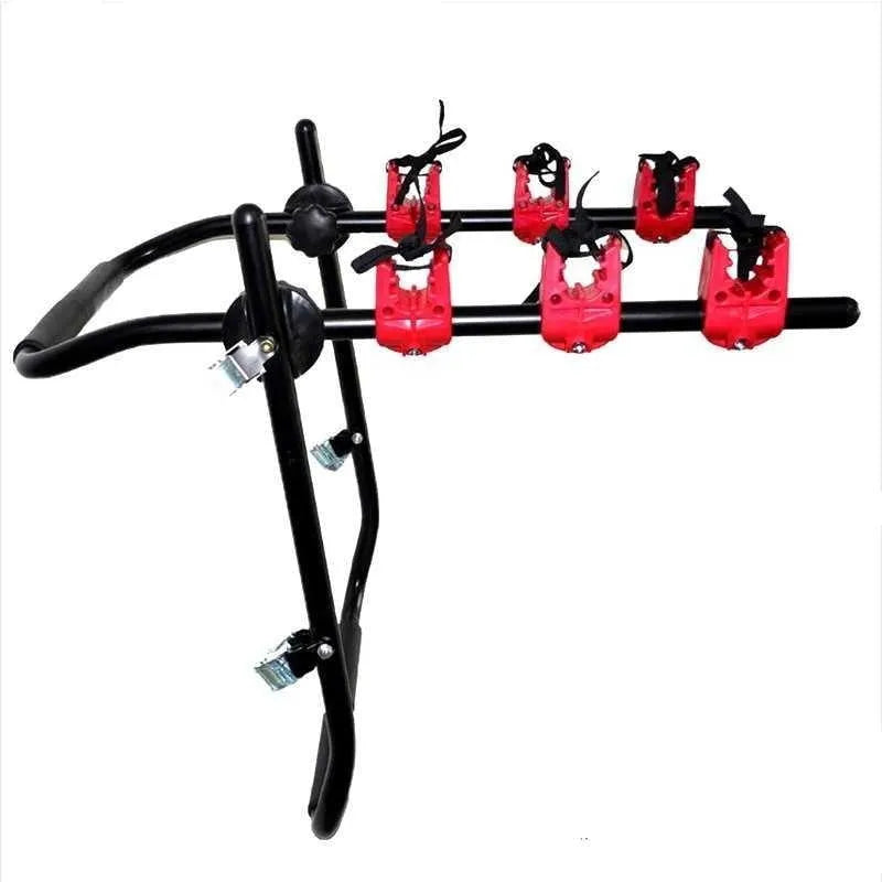 Black and red trunk mounted car bike holder rack with adjustable fastening system on vehicle boot