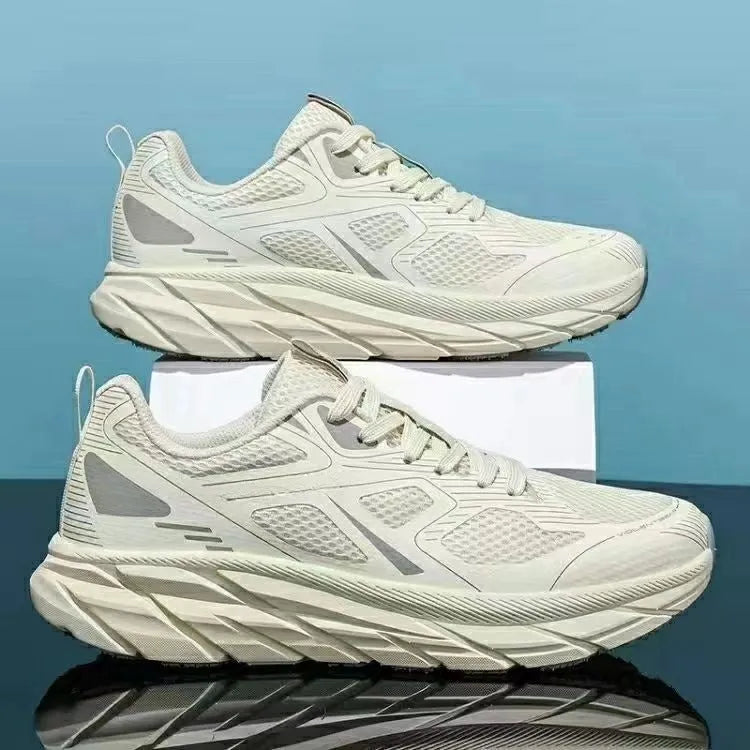 Men's and women's casual running shoes with mesh upper in red, beige, green, grey, or black.