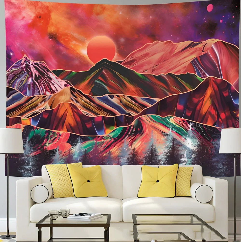 Bohemian psychedelic sunset pattern tapestry in polyester fibre with machine-woven construction