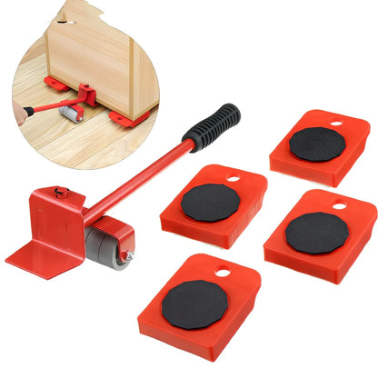 Furniture moving carrier set with black iron crowbar and four pad wheels with anti-skid surfaces