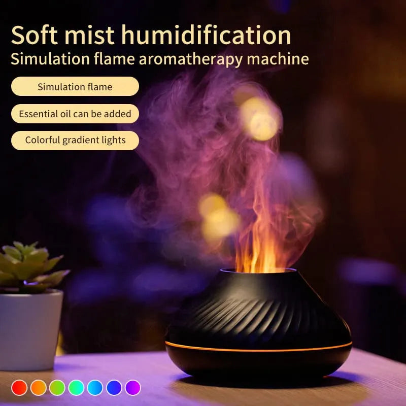 Beige volcanic flame aroma diffuser with LED lighting and mist output on wooden surface